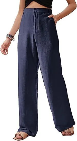 Womens Summer Pants Trendy Cotton Linen Dressy Pants Casual Straight Leg Beach Trousers Lounge Palazzo with Pocket
