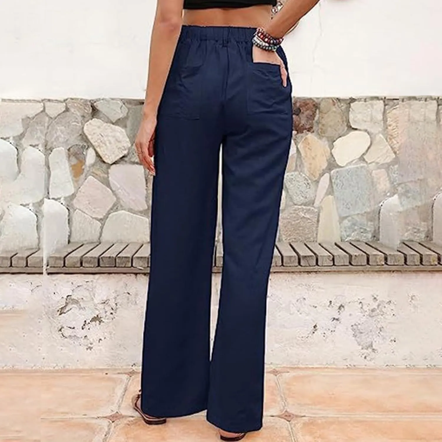 Womens Summer Pants Trendy Cotton Linen Dressy Pants Casual Straight Leg Beach Trousers Lounge Palazzo with Pocket