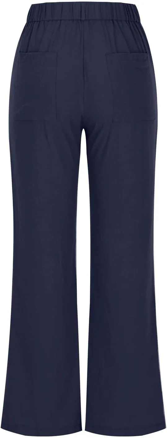 Womens Summer Pants Trendy Cotton Linen Dressy Pants Casual Straight Leg Beach Trousers Lounge Palazzo with Pocket