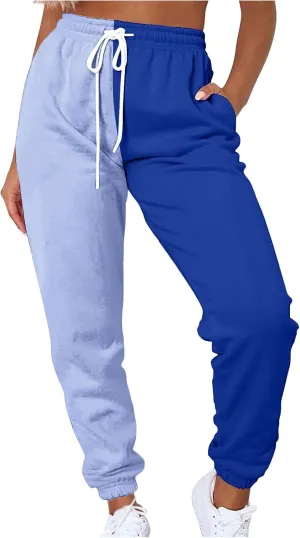 Women's Sweatpants Color Block Patchwork Trouser Elastic High Waist Joggers Baggy Pants with Multi-Pockets