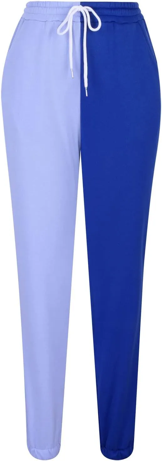 Women's Sweatpants Color Block Patchwork Trouser Elastic High Waist Joggers Baggy Pants with Multi-Pockets