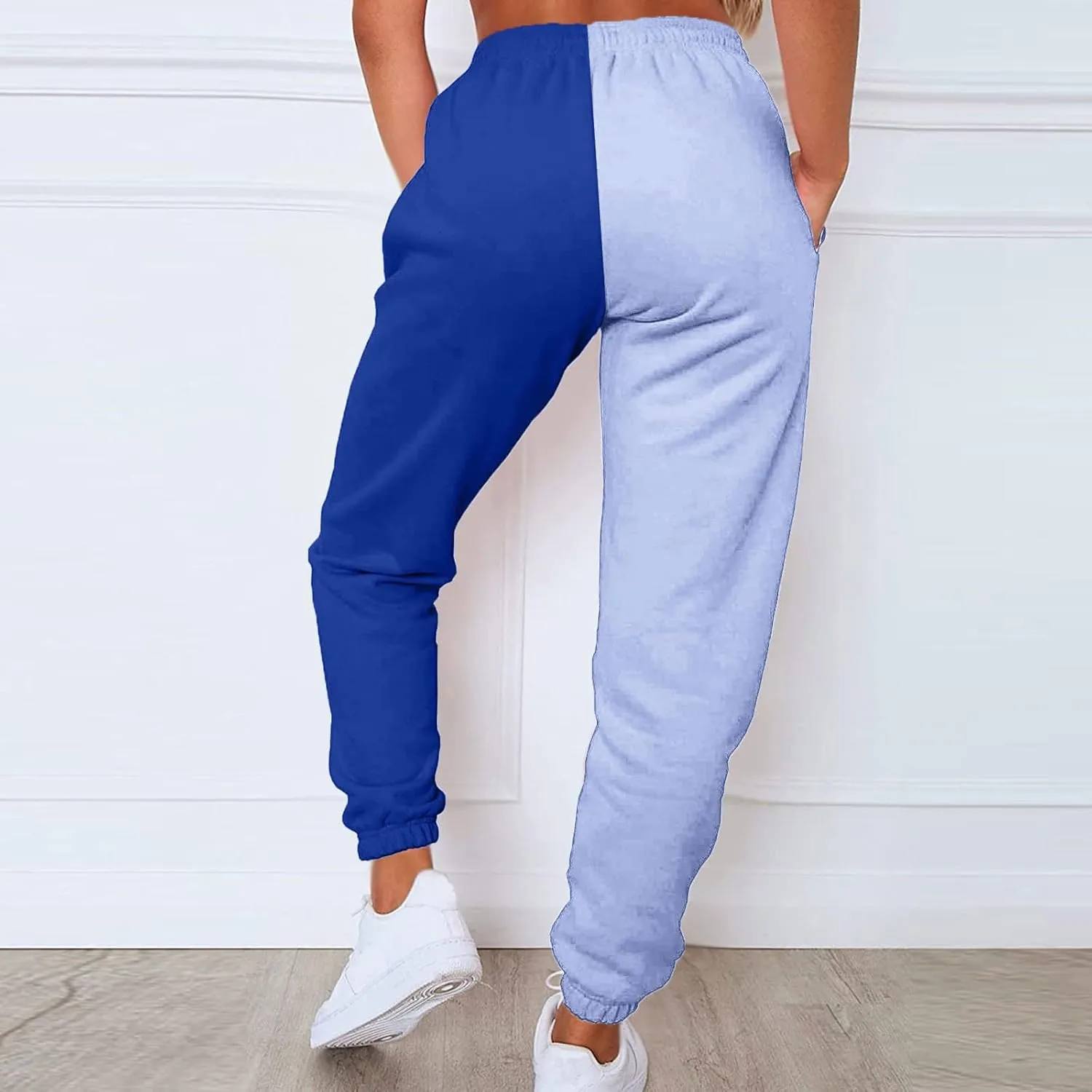 Women's Sweatpants Color Block Patchwork Trouser Elastic High Waist Joggers Baggy Pants with Multi-Pockets