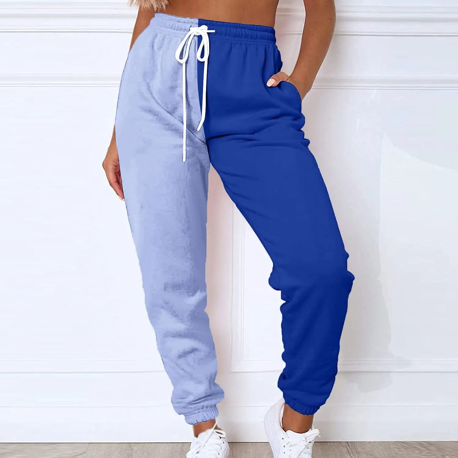 Women's Sweatpants Color Block Patchwork Trouser Elastic High Waist Joggers Baggy Pants with Multi-Pockets