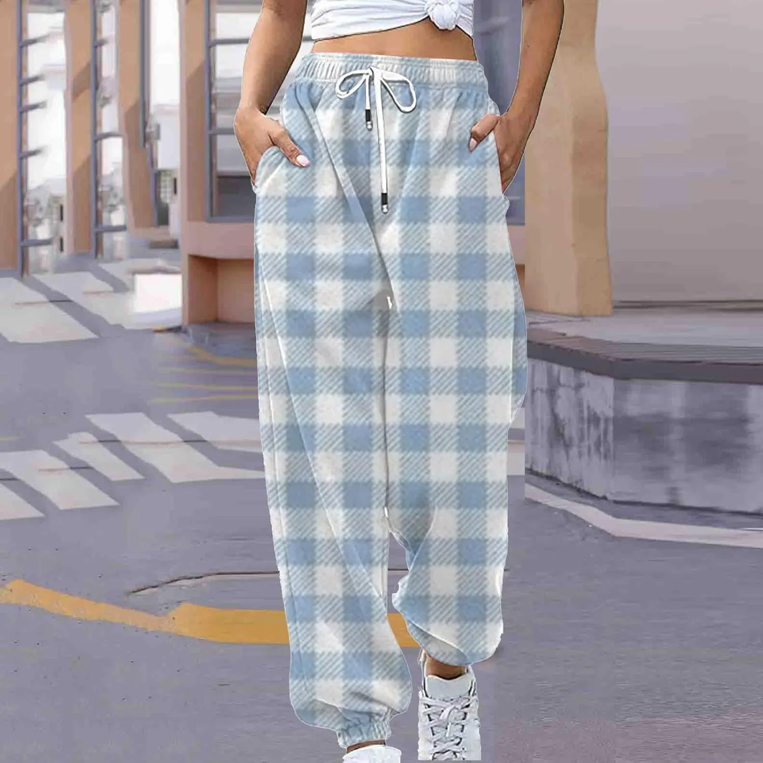 Womens Sweatpants Trendy Plaid Drawstring High Waist Active Workout Trousers Baggy Casaul Joggers Pants with Pockets