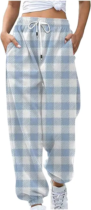 Womens Sweatpants Trendy Plaid Drawstring High Waist Active Workout Trousers Baggy Casaul Joggers Pants with Pockets