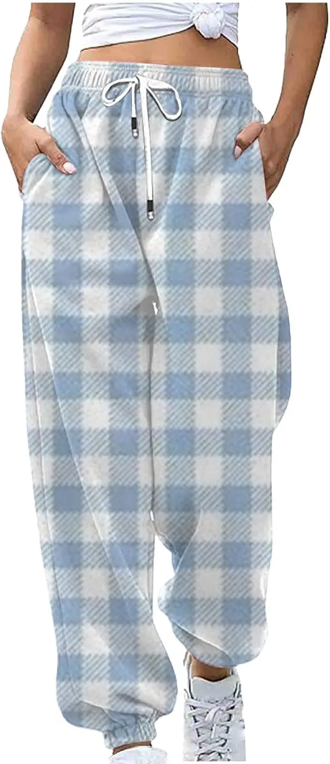 Womens Sweatpants Trendy Plaid Drawstring High Waist Active Workout Trousers Baggy Casaul Joggers Pants with Pockets