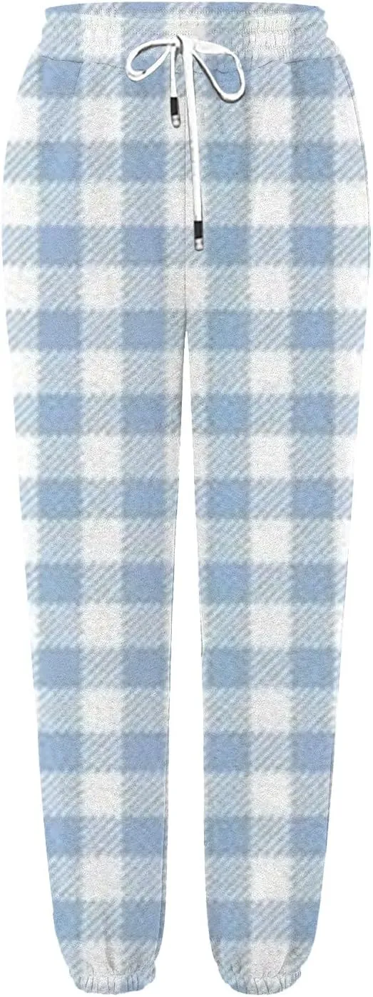 Womens Sweatpants Trendy Plaid Drawstring High Waist Active Workout Trousers Baggy Casaul Joggers Pants with Pockets