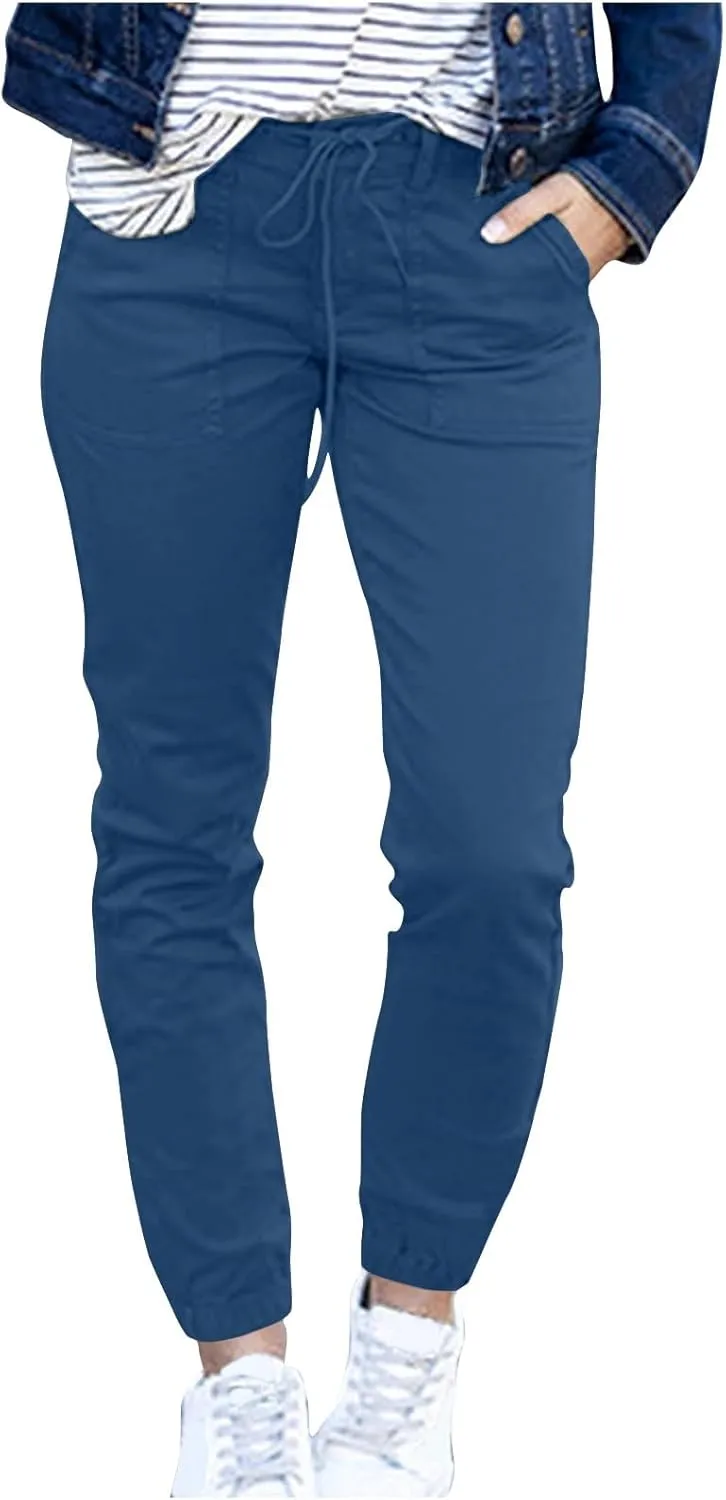 Womens Tapered Pants Linen Drawstring Elastic Waist Casual Tapered Trousers Pockets Lightweight Vacation Beach Lounge