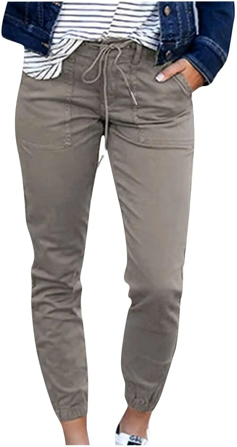 Womens Tapered Pants Linen Drawstring Elastic Waist Casual Tapered Trousers Pockets Lightweight Vacation Beach Lounge