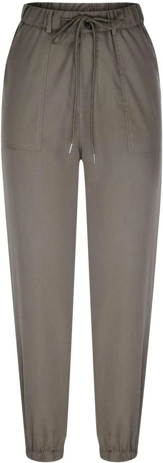 Womens Tapered Pants Linen Drawstring Elastic Waist Casual Tapered Trousers Pockets Lightweight Vacation Beach Lounge