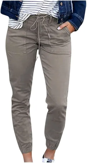 Womens Tapered Pants Linen Drawstring Elastic Waist Casual Tapered Trousers Pockets Lightweight Vacation Beach Lounge