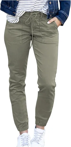 Womens Tapered Pants Linen Drawstring Elastic Waist Casual Tapered Trousers Pockets Lightweight Vacation Beach Lounge
