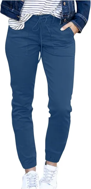 Womens Tapered Pants Linen Drawstring Elastic Waist Casual Tapered Trousers Pockets Lightweight Vacation Beach Lounge