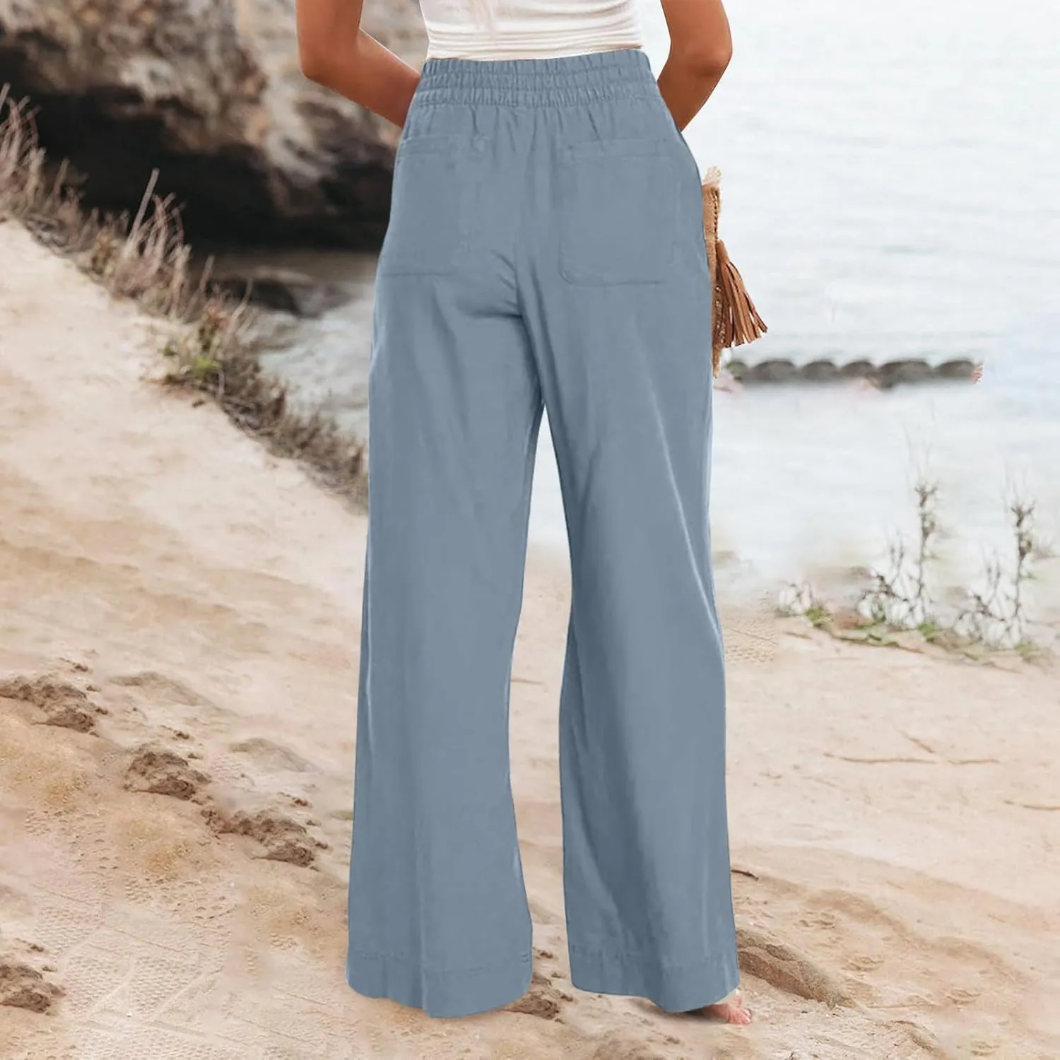 Women's Vintage Striped Print High Elastic Waist Wide Leg Beach Palazzo Pants Pockets Summer Caual Flowy Trousers