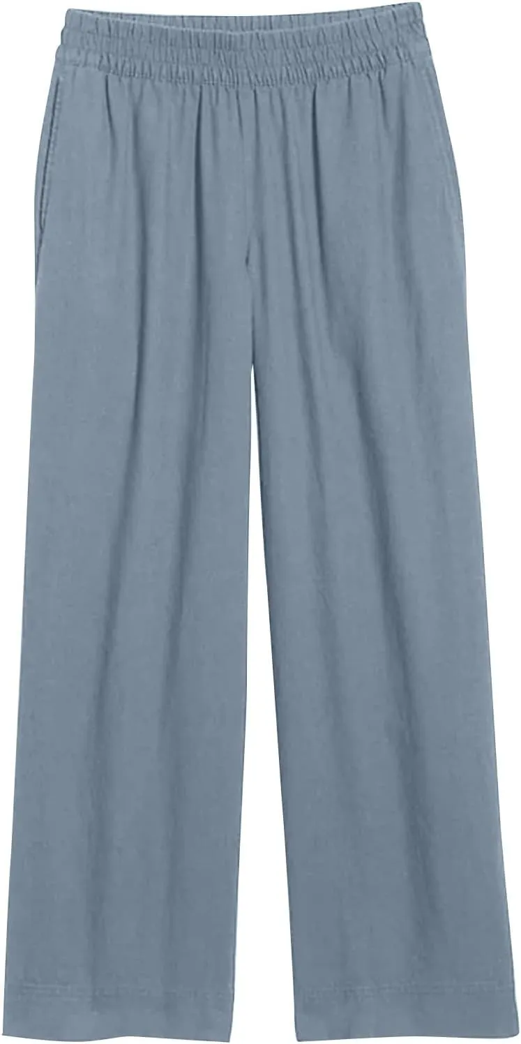 Women's Vintage Striped Print High Elastic Waist Wide Leg Beach Palazzo Pants Pockets Summer Caual Flowy Trousers