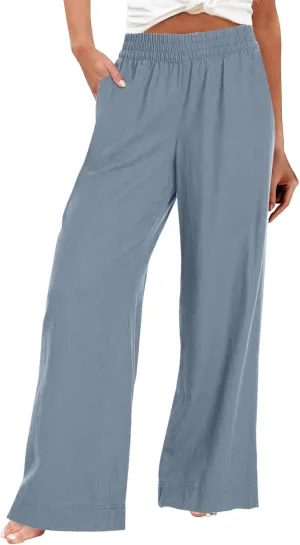 Women's Vintage Striped Print High Elastic Waist Wide Leg Beach Palazzo Pants Pockets Summer Caual Flowy Trousers