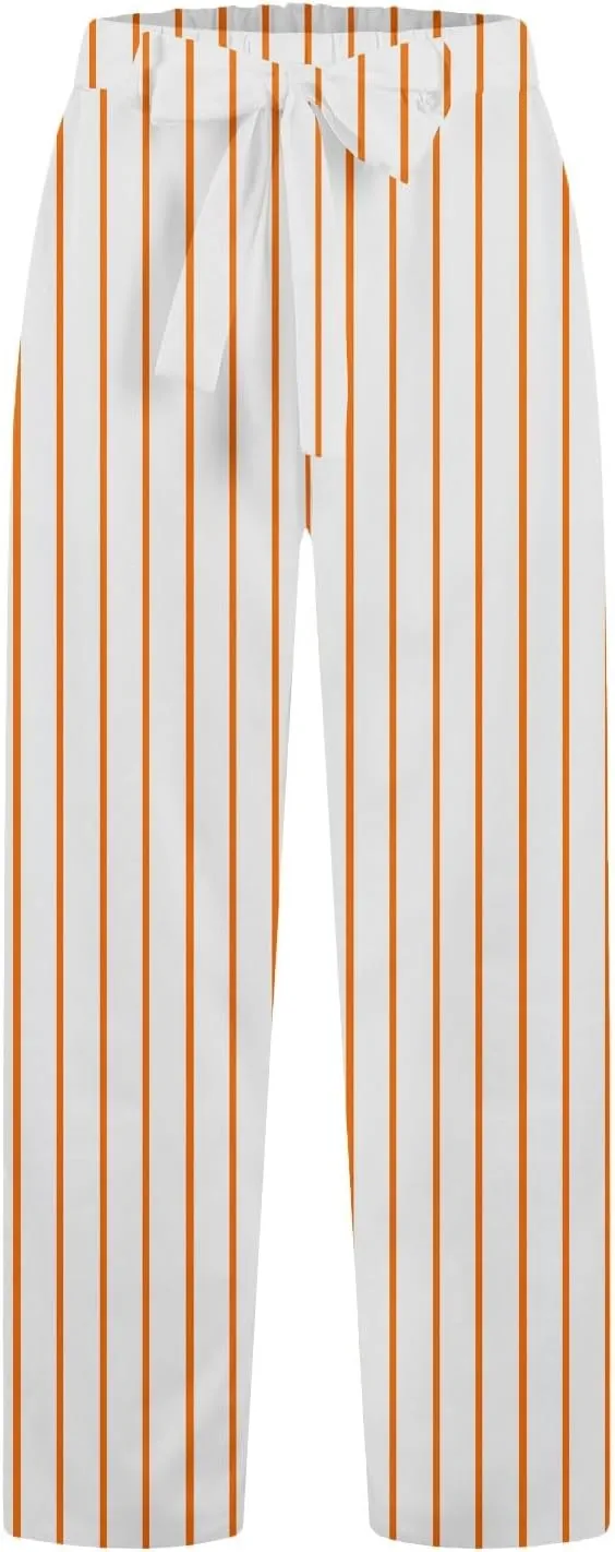 Women's Vintage Striped Print Wide Leg Palazzo Pants with Pockets Vintage Drawstring Straight Leg Lounge Trousers
