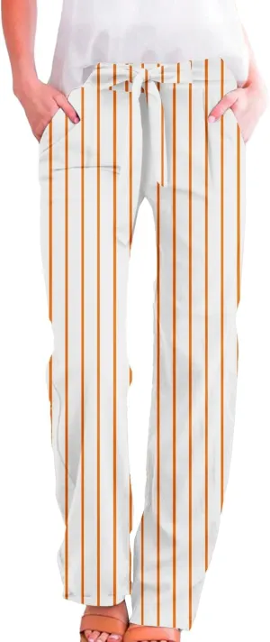 Women's Vintage Striped Print Wide Leg Palazzo Pants with Pockets Vintage Drawstring Straight Leg Lounge Trousers