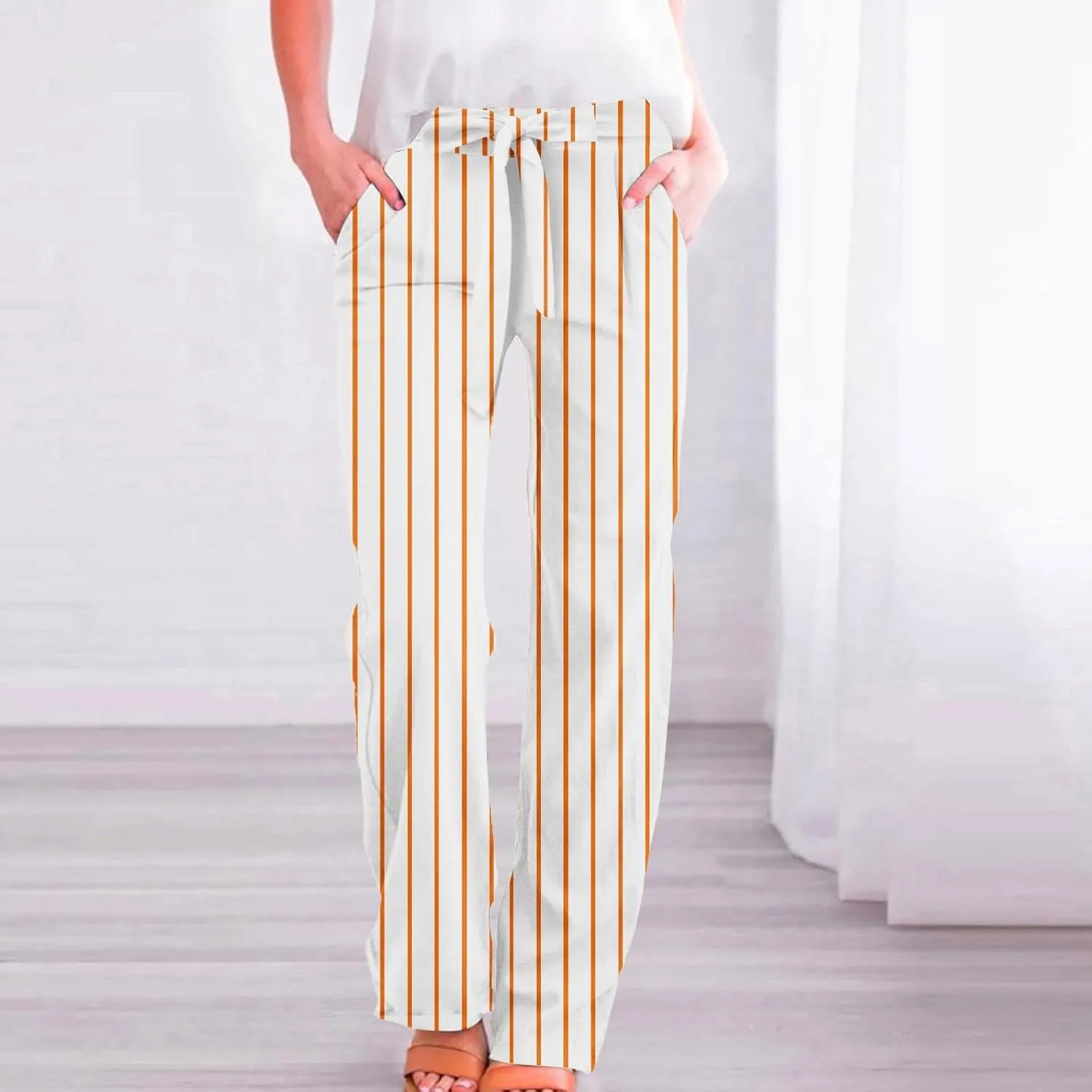 Women's Vintage Striped Print Wide Leg Palazzo Pants with Pockets Vintage Drawstring Straight Leg Lounge Trousers