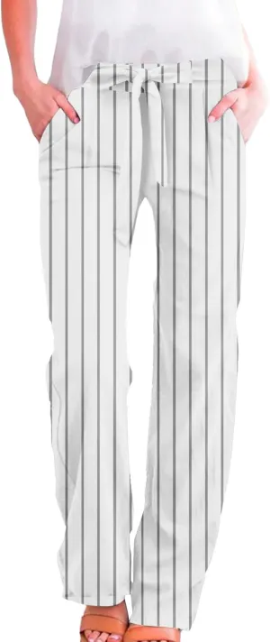 Women's Vintage Striped Print Wide Leg Palazzo Pants with Pockets Vintage Drawstring Straight Leg Lounge Trousers