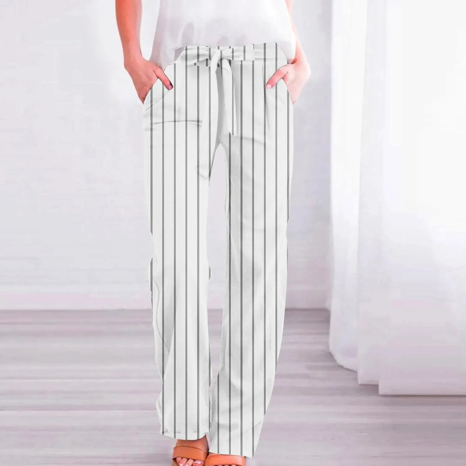 Women's Vintage Striped Print Wide Leg Palazzo Pants with Pockets Vintage Drawstring Straight Leg Lounge Trousers