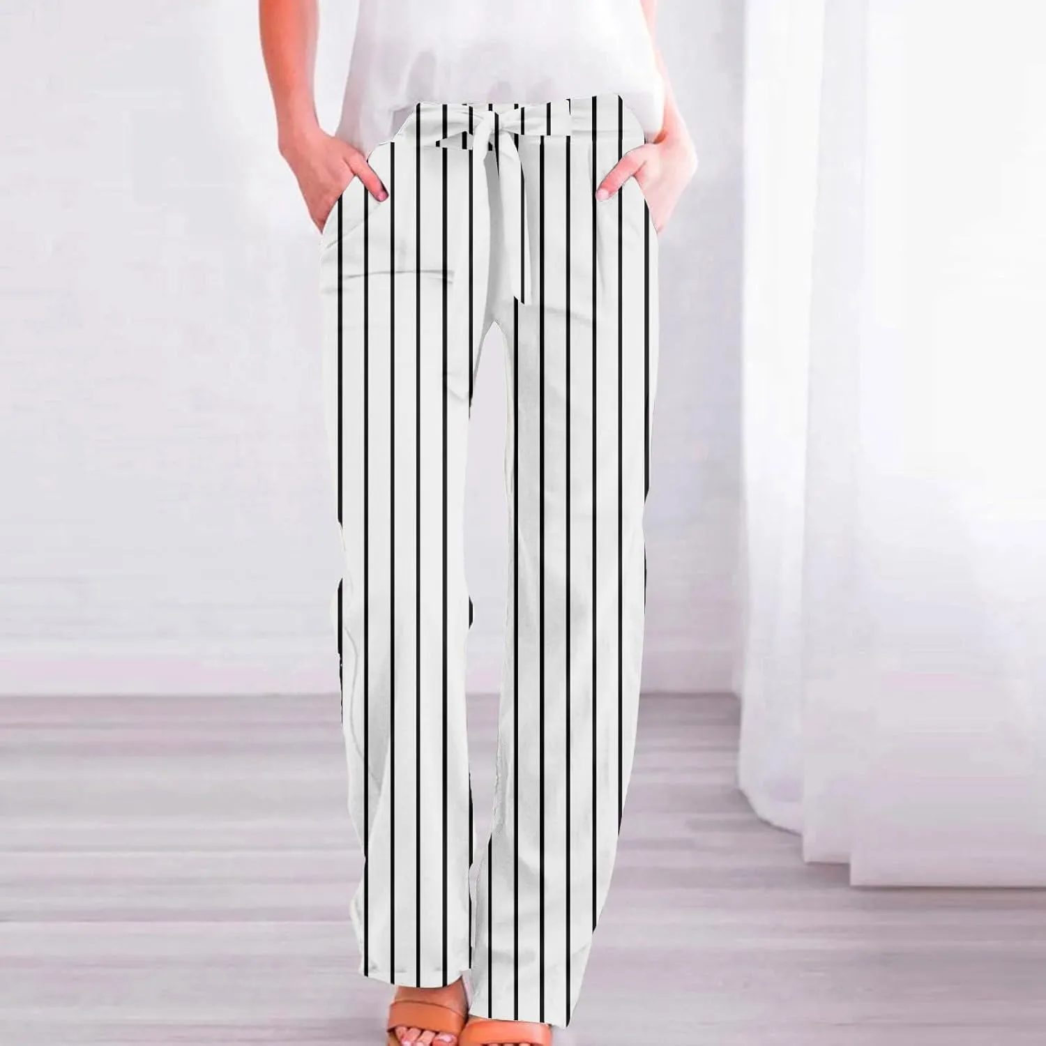 Women's Vintage Striped Print Wide Leg Palazzo Pants with Pockets Vintage Drawstring Straight Leg Lounge Trousers