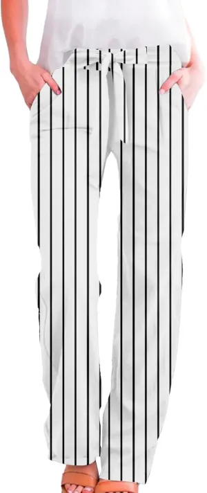Women's Vintage Striped Print Wide Leg Palazzo Pants with Pockets Vintage Drawstring Straight Leg Lounge Trousers