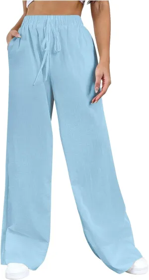 Women's Wide Leg Casual Beach Linen Pants Summer Loose Fit High Waisted Drawstring Palazzo Trousers with Pockets