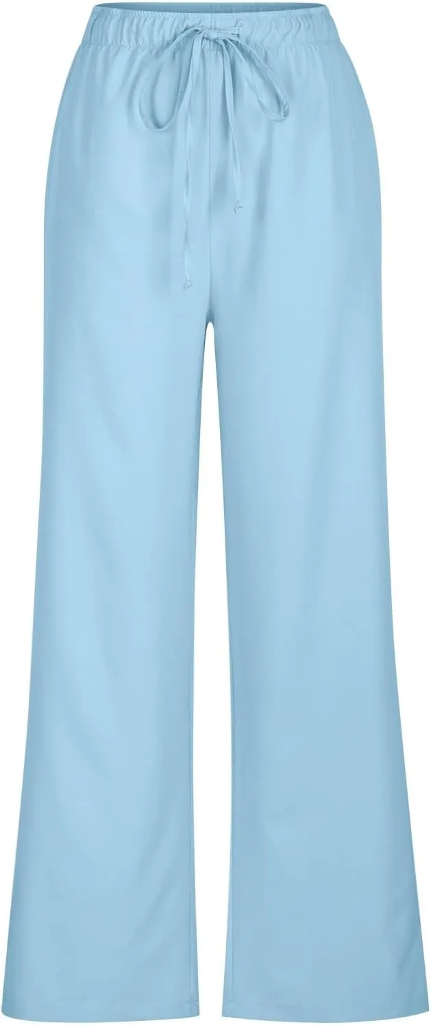Women's Wide Leg Casual Beach Linen Pants Summer Loose Fit High Waisted Drawstring Palazzo Trousers with Pockets