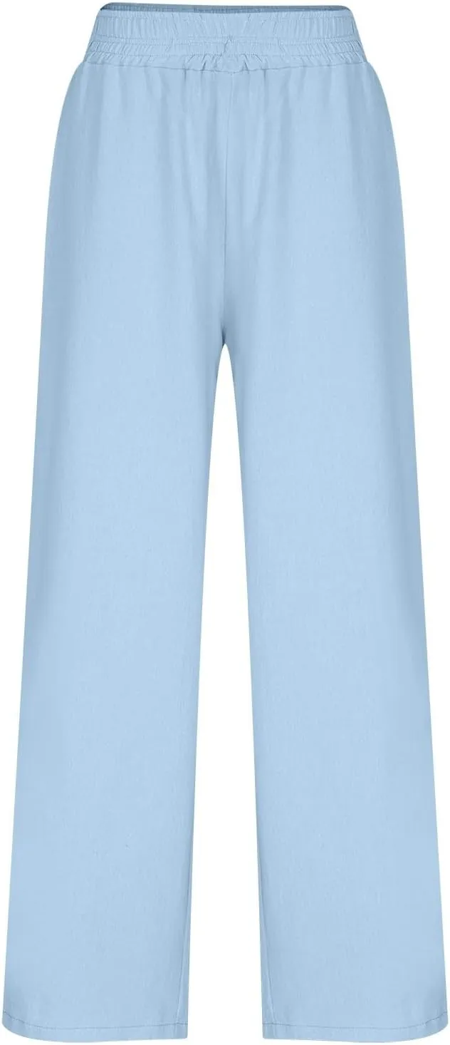 Womens Wide Leg Linen Pants Palazzo Pants with Pockets Smocked Elastic Waist Casual Trousers Summer Bottoms