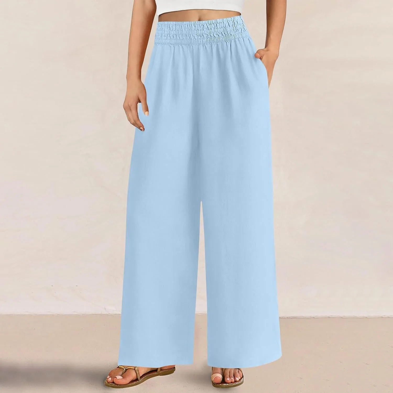 Womens Wide Leg Linen Pants Palazzo Pants with Pockets Smocked Elastic Waist Casual Trousers Summer Bottoms