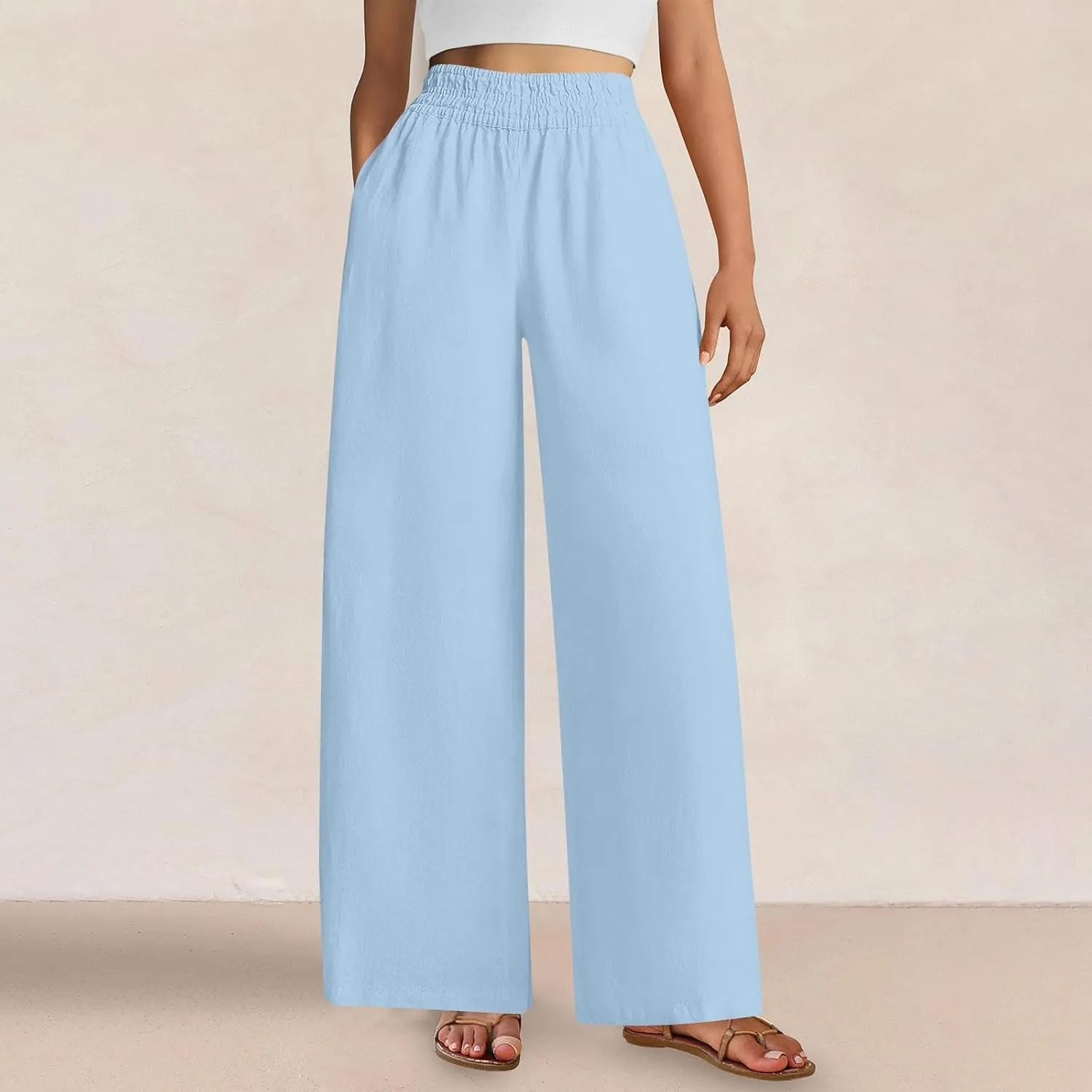 Womens Wide Leg Linen Pants Palazzo Pants with Pockets Smocked Elastic Waist Casual Trousers Summer Bottoms