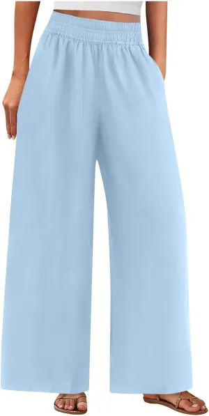 Womens Wide Leg Linen Pants Palazzo Pants with Pockets Smocked Elastic Waist Casual Trousers Summer Bottoms