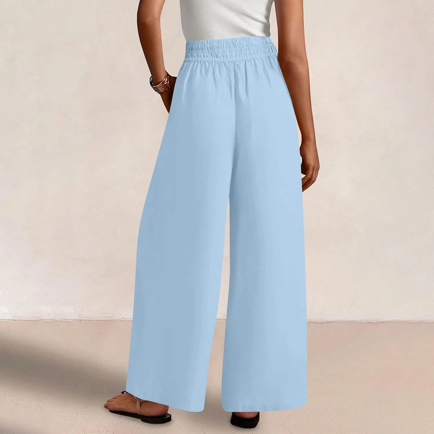 Womens Wide Leg Linen Pants Palazzo Pants with Pockets Smocked Elastic Waist Casual Trousers Summer Bottoms