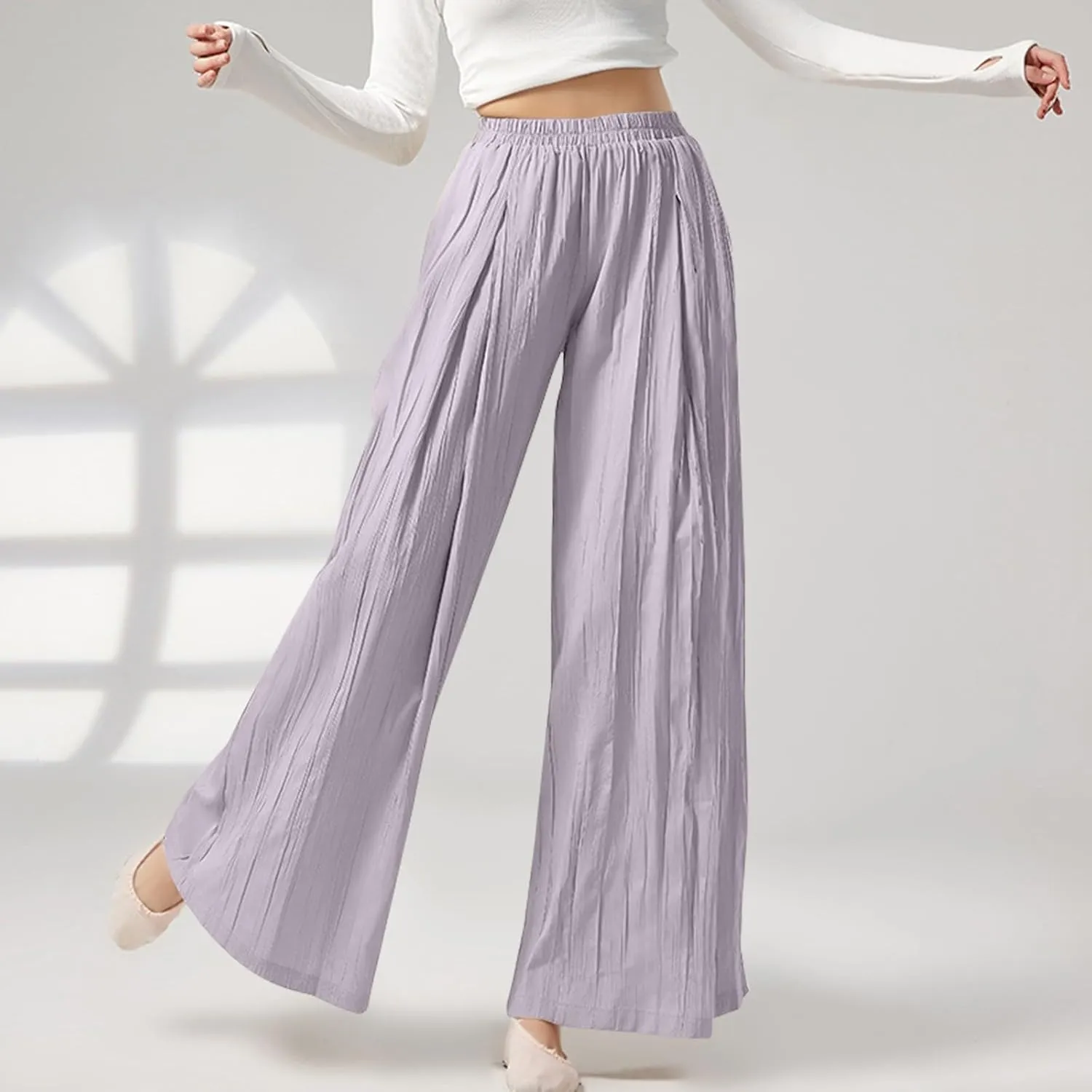 Women's Wide Leg Linen Pants Summer Casual Palazzo Baggy High Waisted Lounge Trouser with Pocket Elastic Beach Pant
