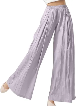 Women's Wide Leg Linen Pants Summer Casual Palazzo Baggy High Waisted Lounge Trouser with Pocket Elastic Beach Pant