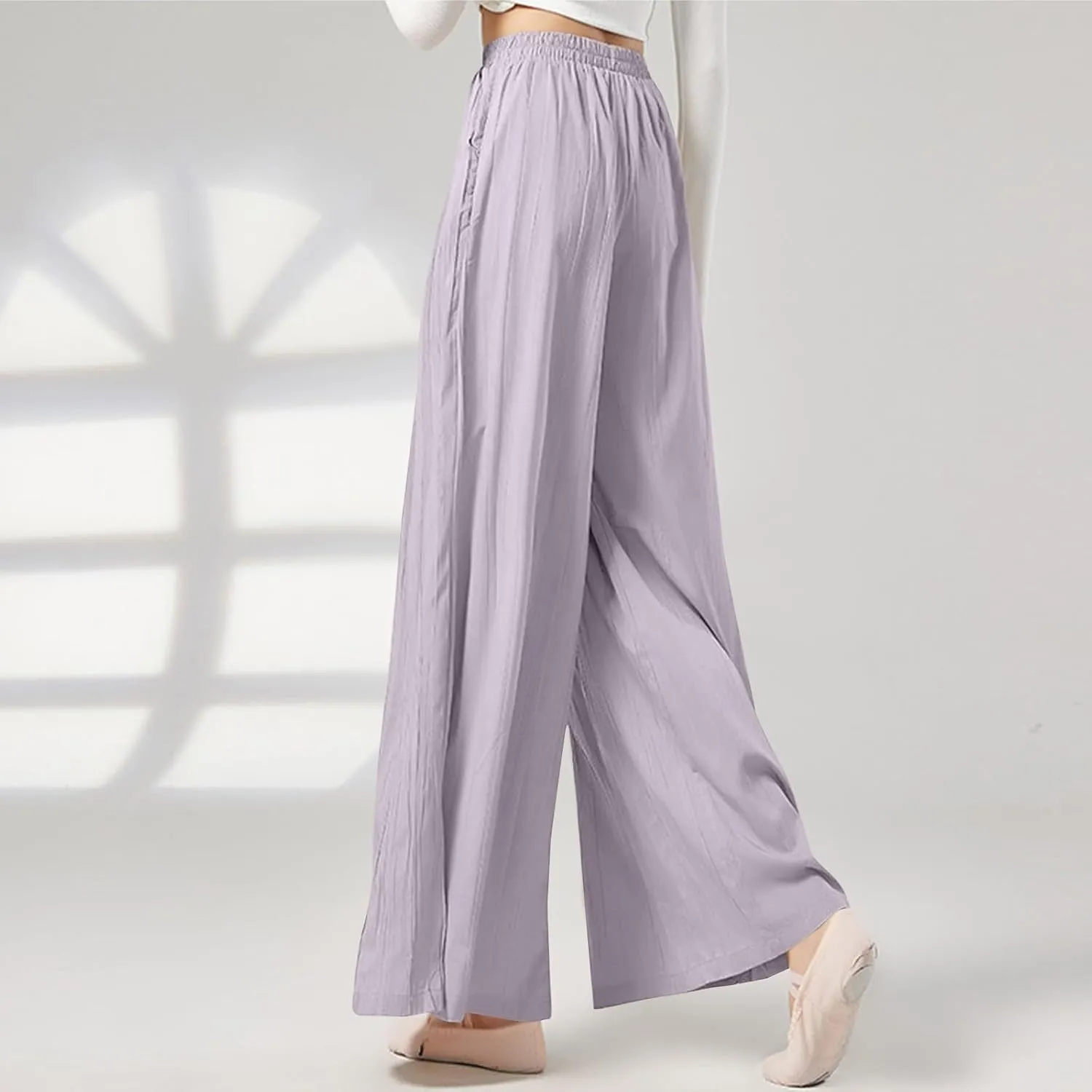 Women's Wide Leg Linen Pants Summer Casual Palazzo Baggy High Waisted Lounge Trouser with Pocket Elastic Beach Pant