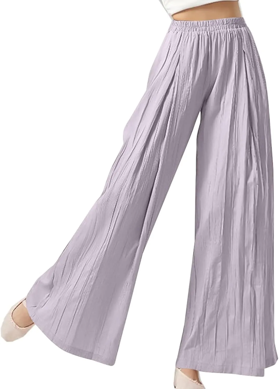 Women's Wide Leg Linen Pants Summer Casual Palazzo Baggy High Waisted Lounge Trouser with Pocket Elastic Beach Pant