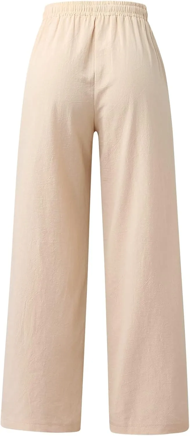 Womens Wide Leg Pants Summer Casual Loose Solid Color Drawstring Trousers with Pockets Trendy Beach Comfy Palazzo Pants