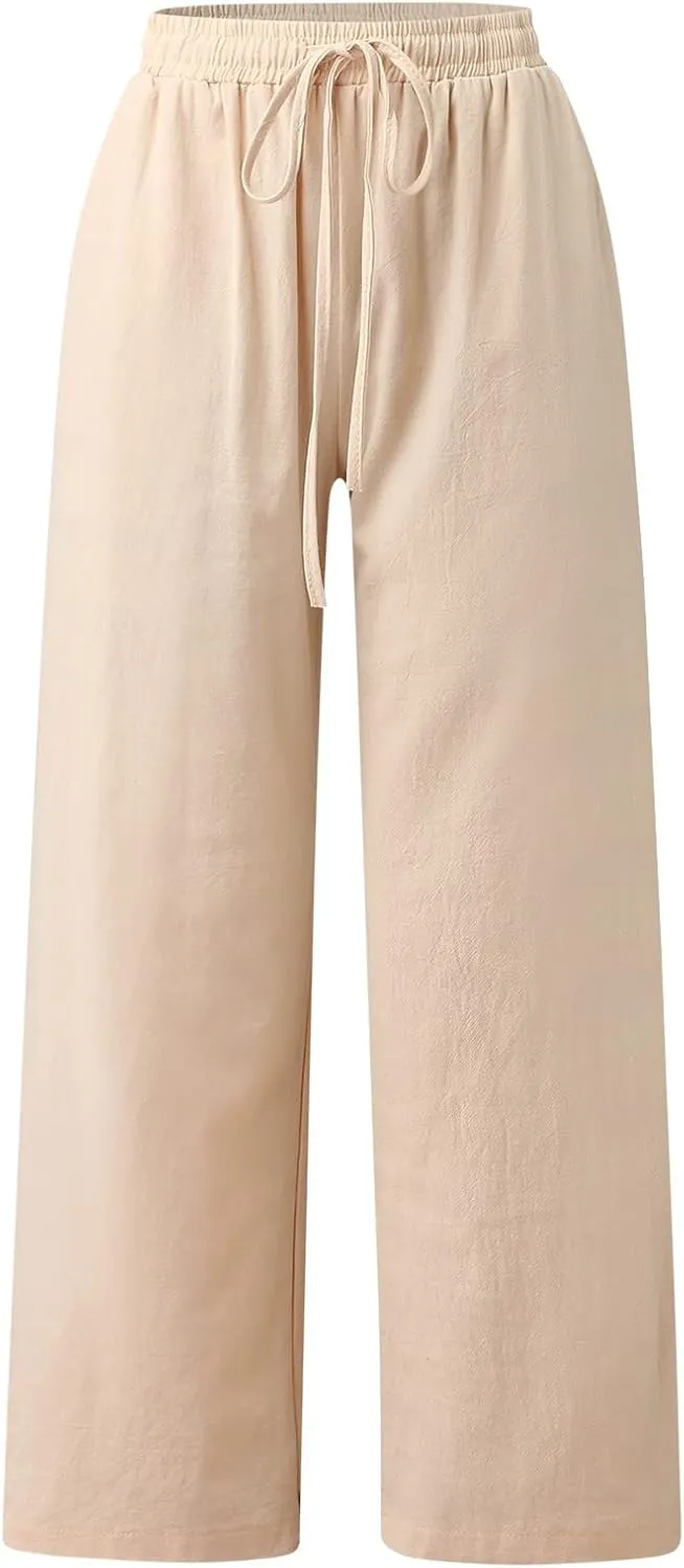 Womens Wide Leg Pants Summer Casual Loose Solid Color Drawstring Trousers with Pockets Trendy Beach Comfy Palazzo Pants