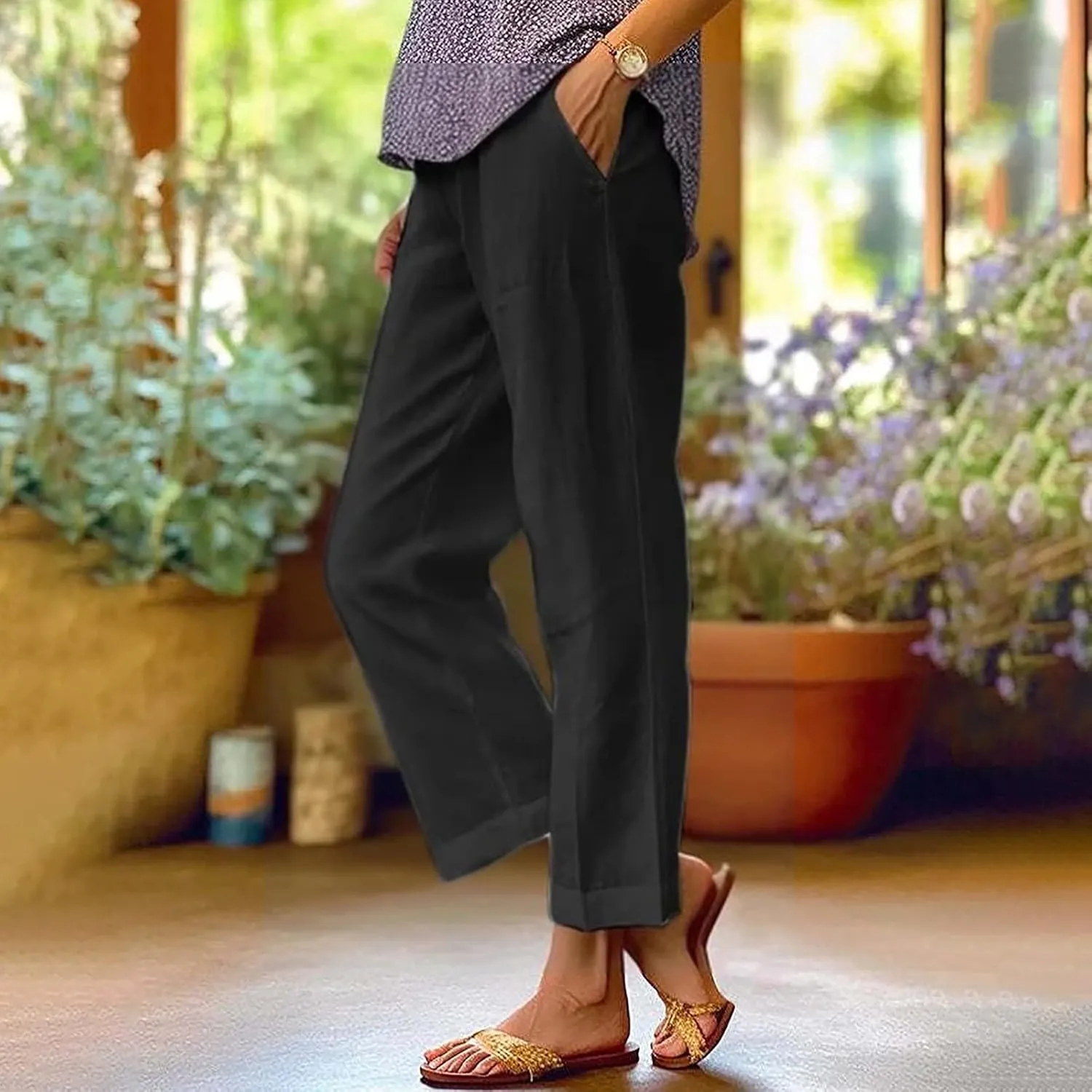Workout Sets for Women Elastic Pants Long Drawstring Linen Women Waist Cotton Casual Slit Trouser Legs Pants Flowy Wide