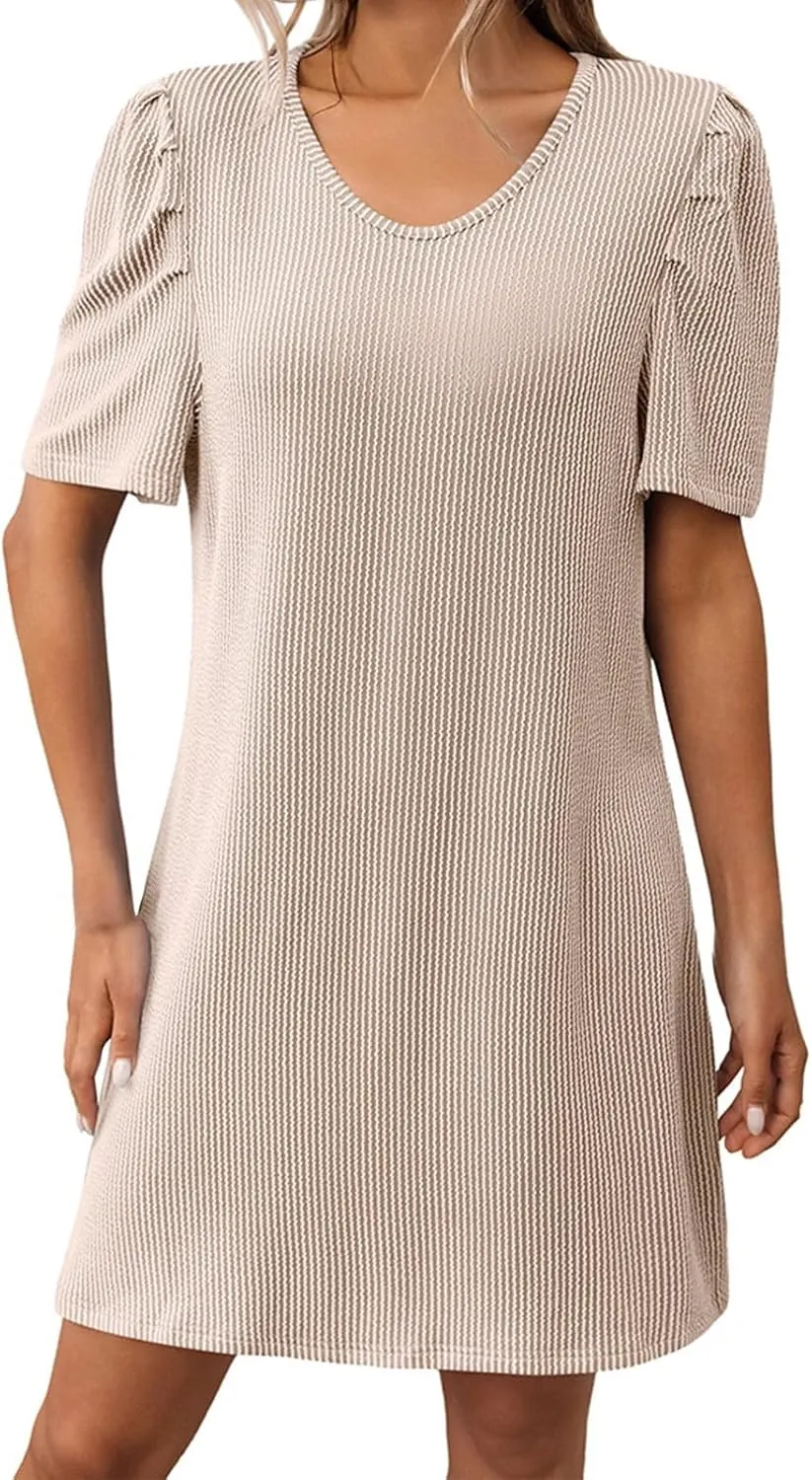 XOWRTE Womens Summer V Neck Contrasting Striped Bubble Sleeve Tunic Mini Dress 2025 Casual Solid Color Beach Babydoll Dress