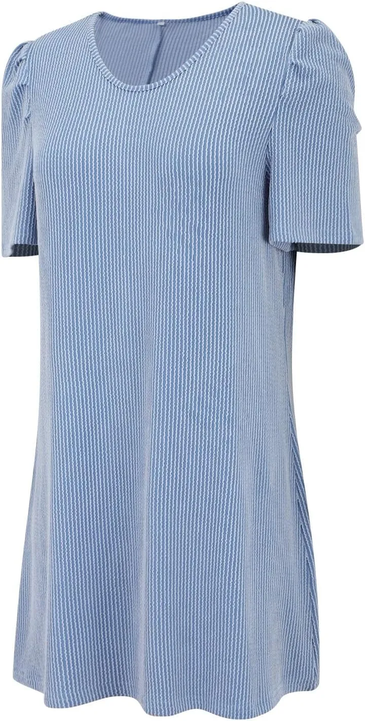 XOWRTE Womens Summer V Neck Contrasting Striped Bubble Sleeve Tunic Mini Dress 2025 Casual Solid Color Beach Babydoll Dress