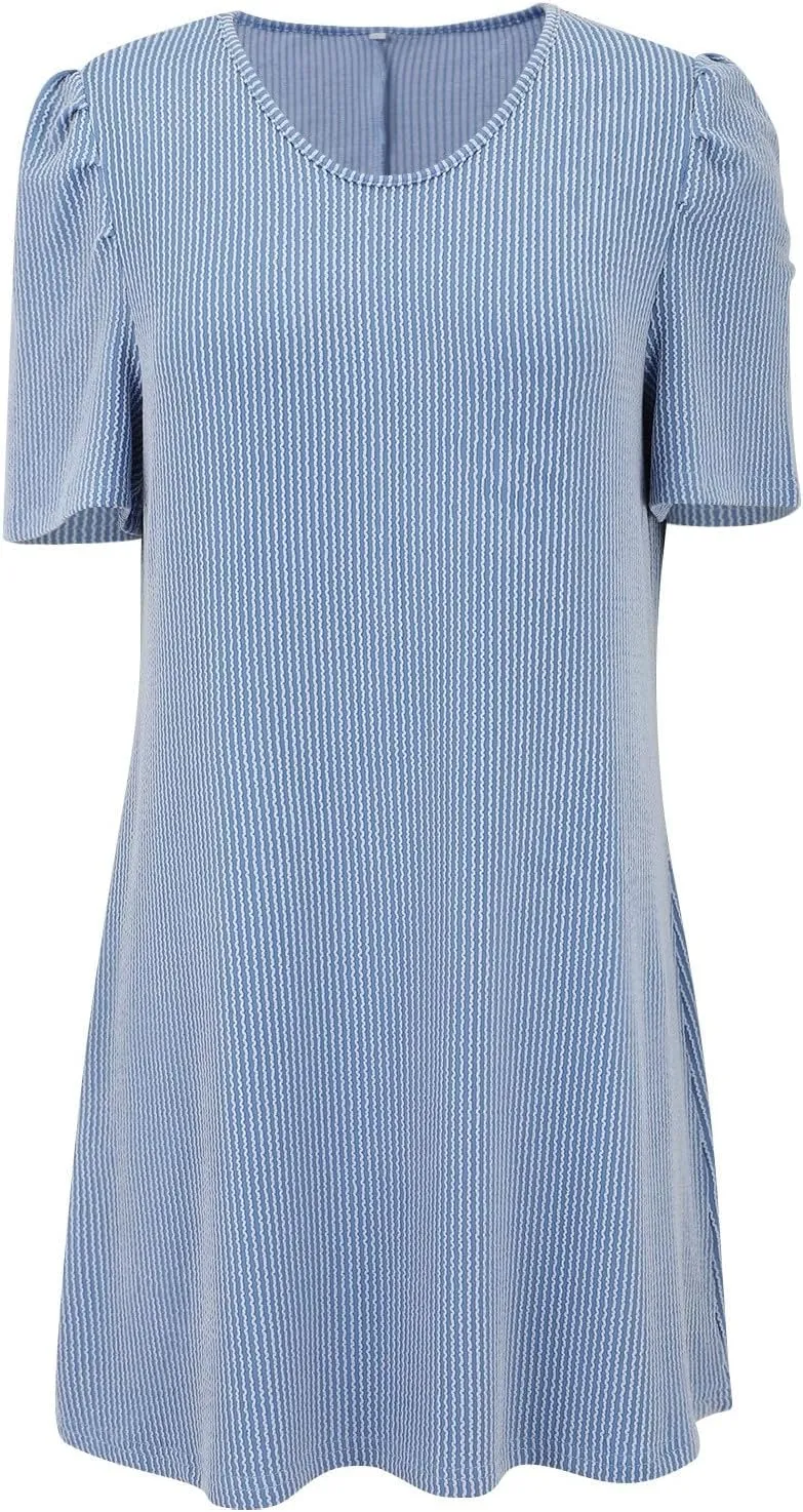 XOWRTE Womens Summer V Neck Contrasting Striped Bubble Sleeve Tunic Mini Dress 2025 Casual Solid Color Beach Babydoll Dress