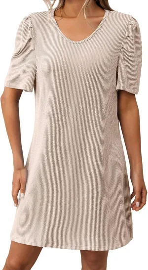 XOWRTE Womens Summer V Neck Contrasting Striped Bubble Sleeve Tunic Mini Dress 2025 Casual Solid Color Beach Babydoll Dress