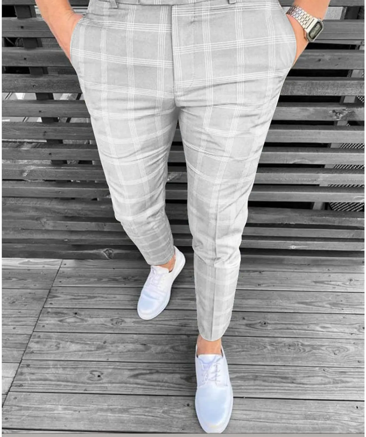Ymosrh Men's Chino Pants Regular Dress Pants Slim Fit Plaid Pants Business Suit Casual Golf Mens Exercise XXL