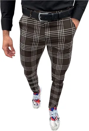 Ymosrh Men's Pants Fashion Stretch Dress Pants Slim Fit Plaid Skinny Long Pants Casual Business Golf Dress Pants, S-3XL