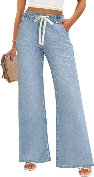 ZESICA Womens Drawstring High Waist Jeans Loose Fit Wide Leg Straight Baggy Trendy Denim Pants with Pockets