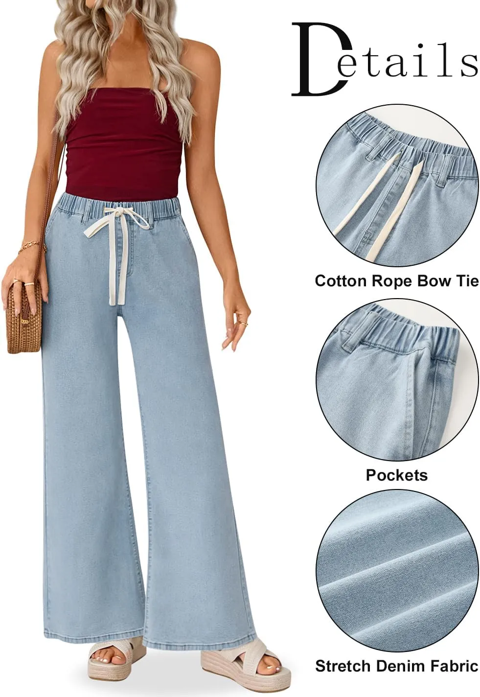 ZESICA Womens Drawstring High Waist Jeans Loose Fit Wide Leg Straight Baggy Trendy Denim Pants with Pockets