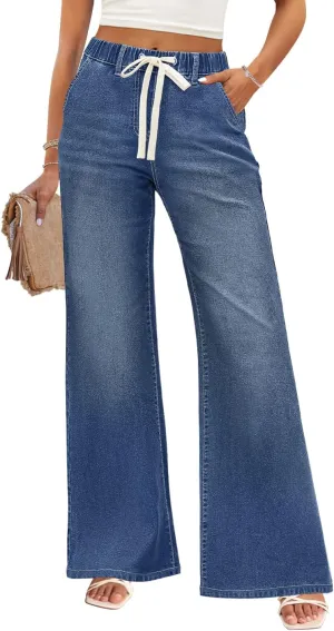 ZESICA Womens Drawstring High Waist Jeans Loose Fit Wide Leg Straight Baggy Trendy Denim Pants with Pockets